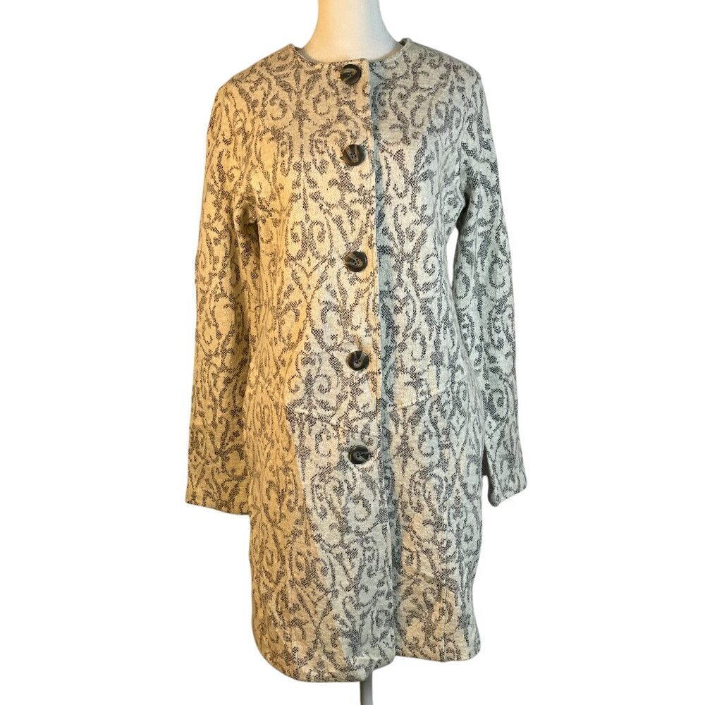 Cynthia Rowley Wool Blend Tapestry Knit Coatigan M Cream Gray - Picture 2 of 11